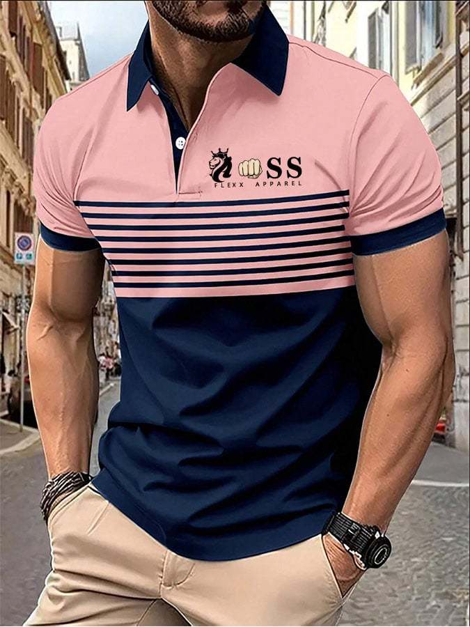 Men's Striped Lettering Casual Polo Shirt