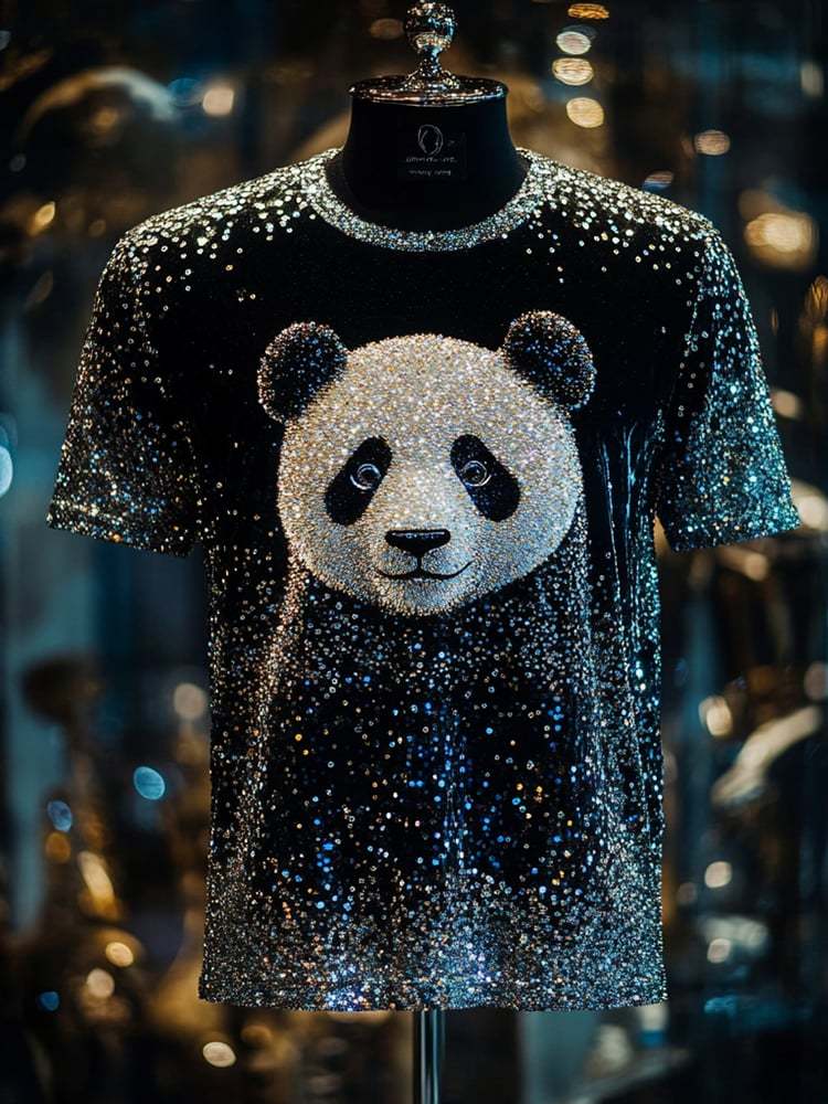Men's Panda Sequin Business Print Short Sleeve T-Shirt