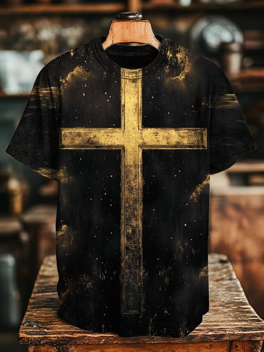 Men's Vintage Black and Yellow Cross Short Sleeve T-Shirt