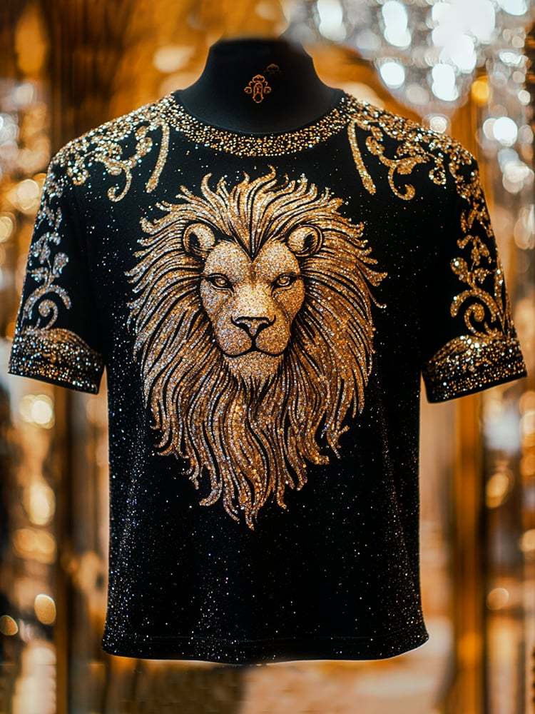 Men's Lion Sequin Business Print Short Sleeve T-Shirt