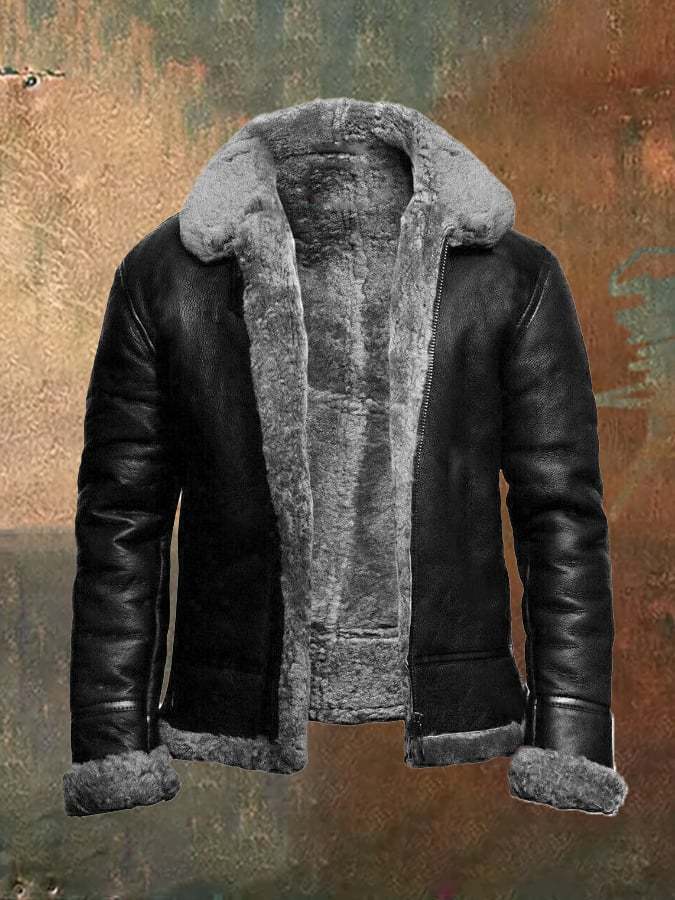 Men's Vintage Casual Lapel Zipper Faux Fur Leather Jacket