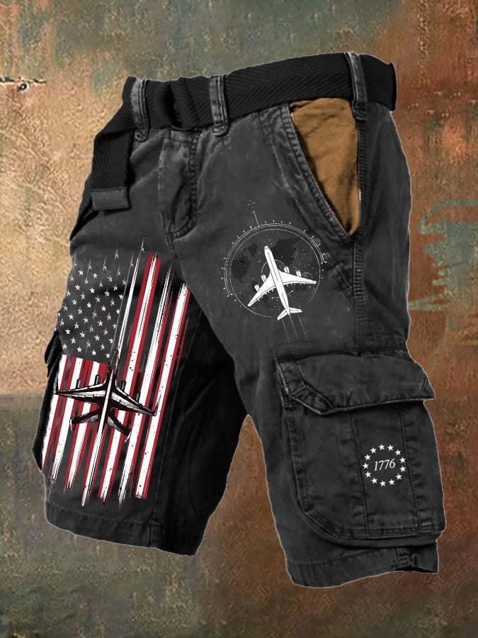 Men'S Retro Flag Multi-Pocket Printed Shorts