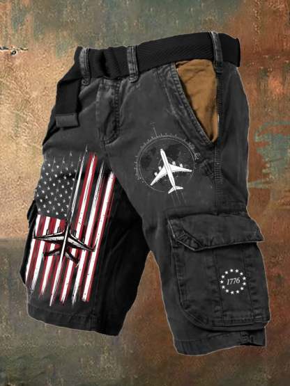 Men'S Retro Flag Multi-Pocket Printed Shorts