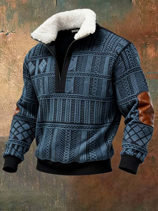 Men's Retro Color Block Print Casual Fur Collar Sweatshirt