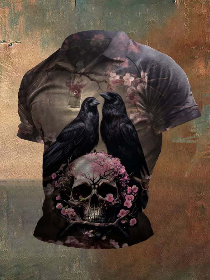 Men's Vintage Skull And Crow Print Polo