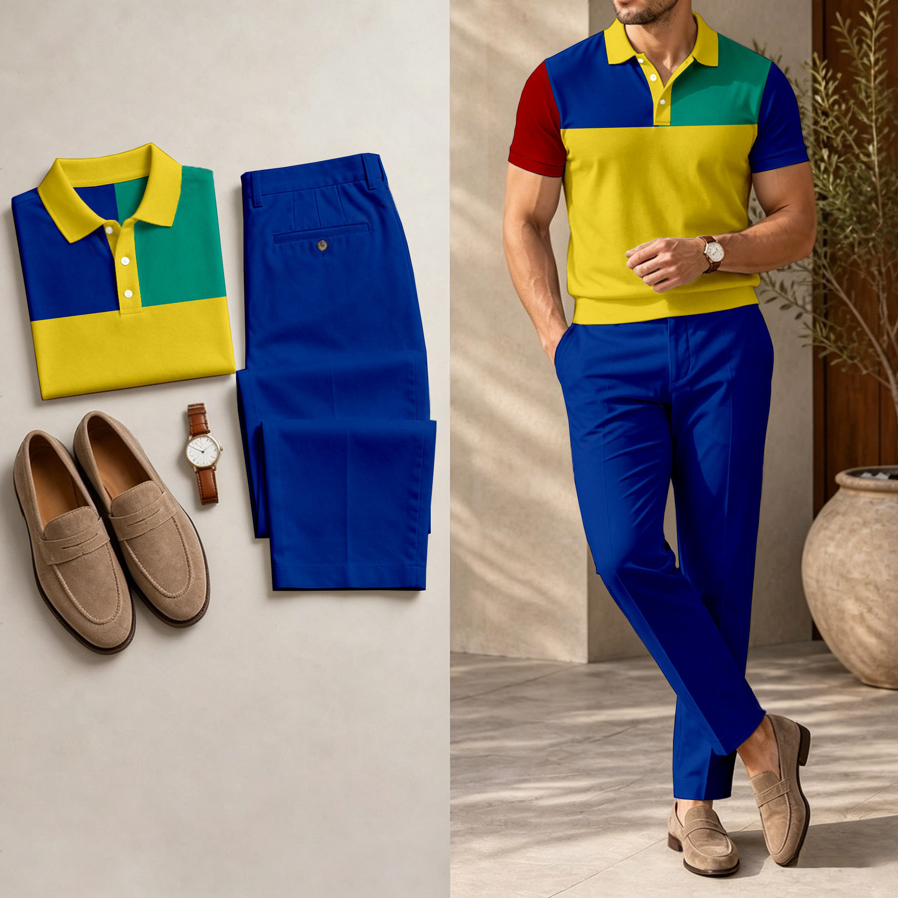 Men's Casual Yellow Printed Polo Shirt And Pants Two-Piece Set