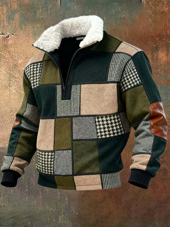 Men's Retro Color Block Print Casual Fur Collar Sweatshirt