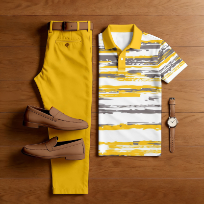 Men's Casual Yellow & White Color Matching Striped Printed Short Sleeved Polo Shirt & Trousers Two-Piece Set