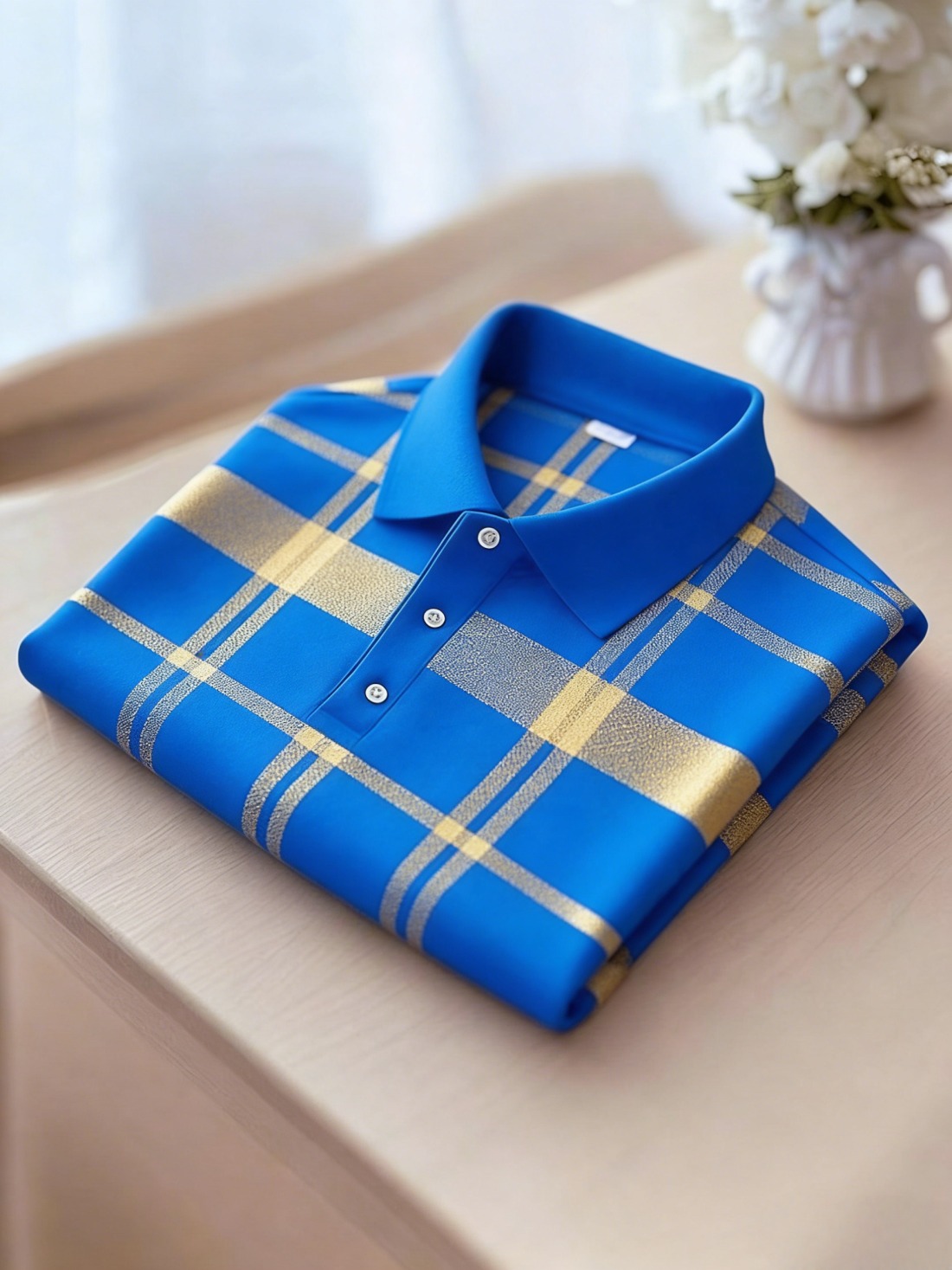 Men's Business Casual Black and Yellow Plaid Logo Button Short Sleeve Polo Shirt