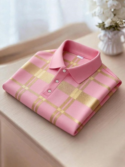 Men's Business Casual Black and Yellow Plaid Logo Button Short Sleeve Polo Shirt