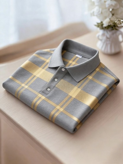 Men's Business Casual Black and Yellow Plaid Logo Button Short Sleeve Polo Shirt