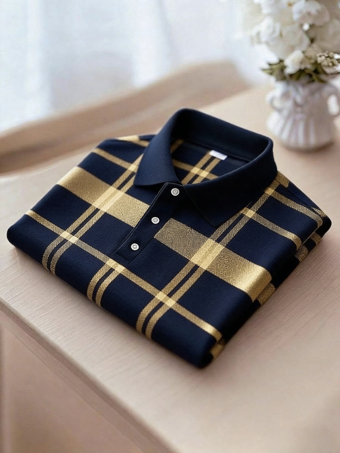 Men's Business Casual Black and Yellow Plaid Logo Button Short Sleeve Polo Shirt