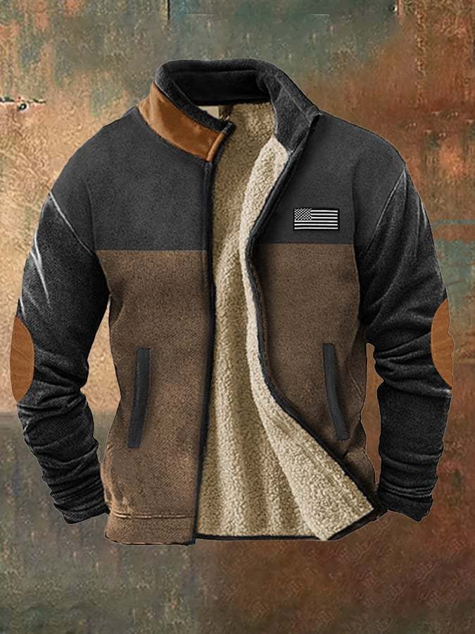 Men's vintage western hunting patchwork warm fleece jacket