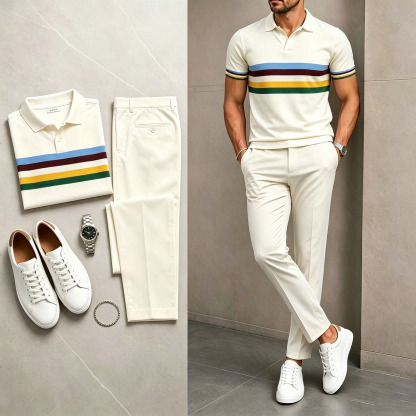 Men's Casual White Geometry Printed Polo Shirt And Pants Two-Piece Set
