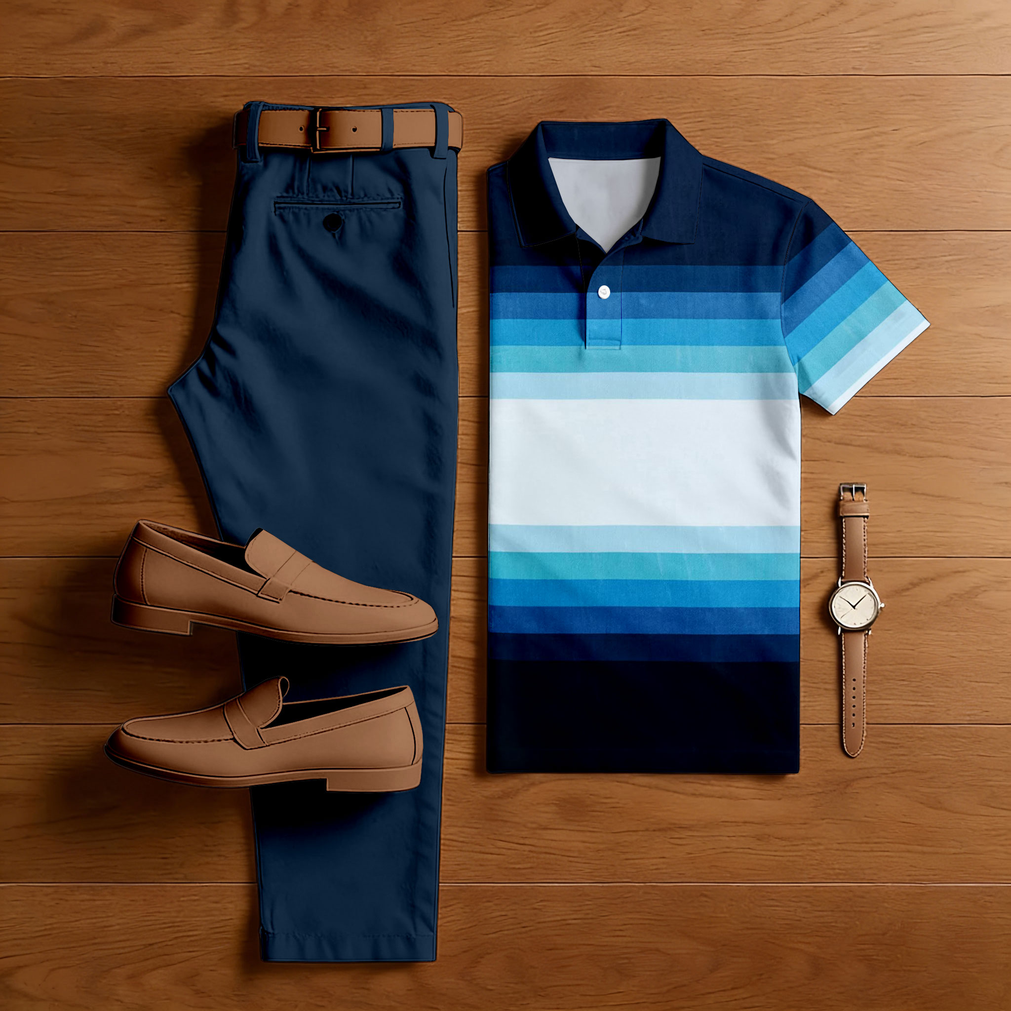 Men's Casual Blue Gradint Color Matching Striped Printed Short Sleeved Polo Shirt & Trousers Two-Piece Set