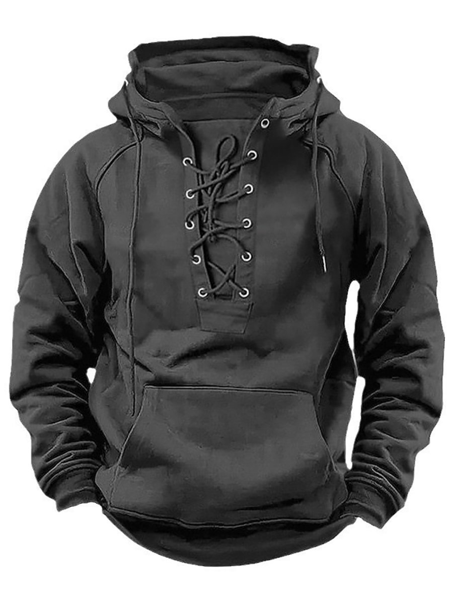 Men's Casual Tie-Strap Raglan Sleeve Pocket Hoodie