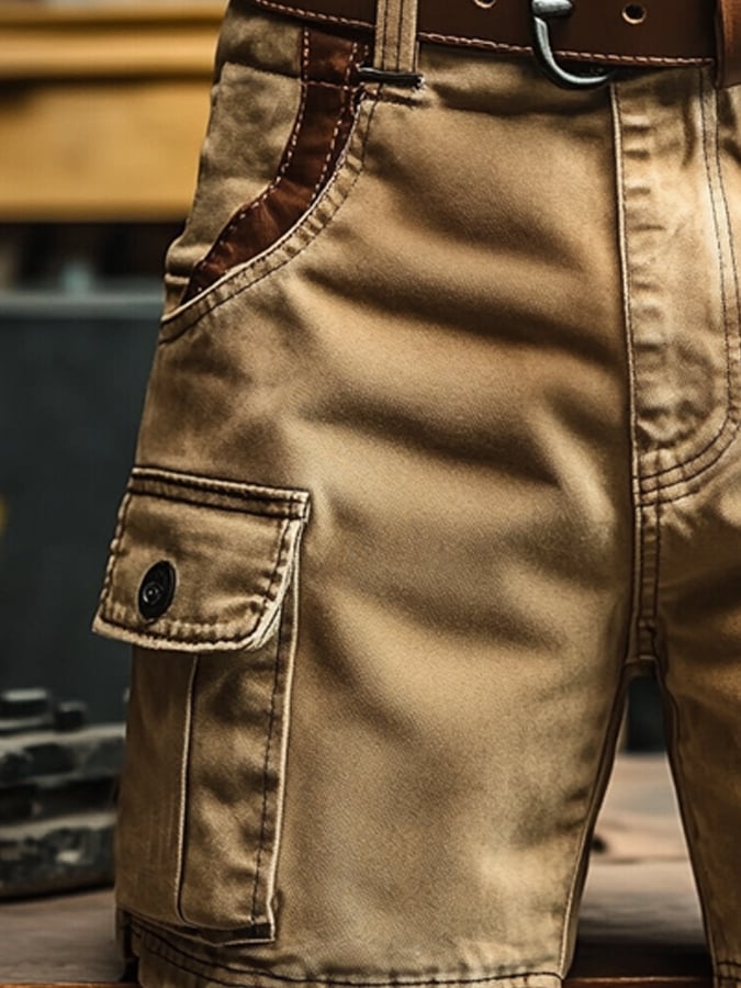 Men's Vintage Outdoor Pocket Functional Leather Stitching Cargo Shorts (without belt)