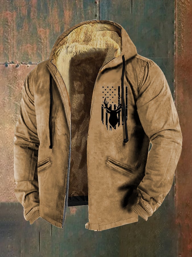 Men's Western Flag Deer Head Print Hooded Zip Sweatshirt Jacket