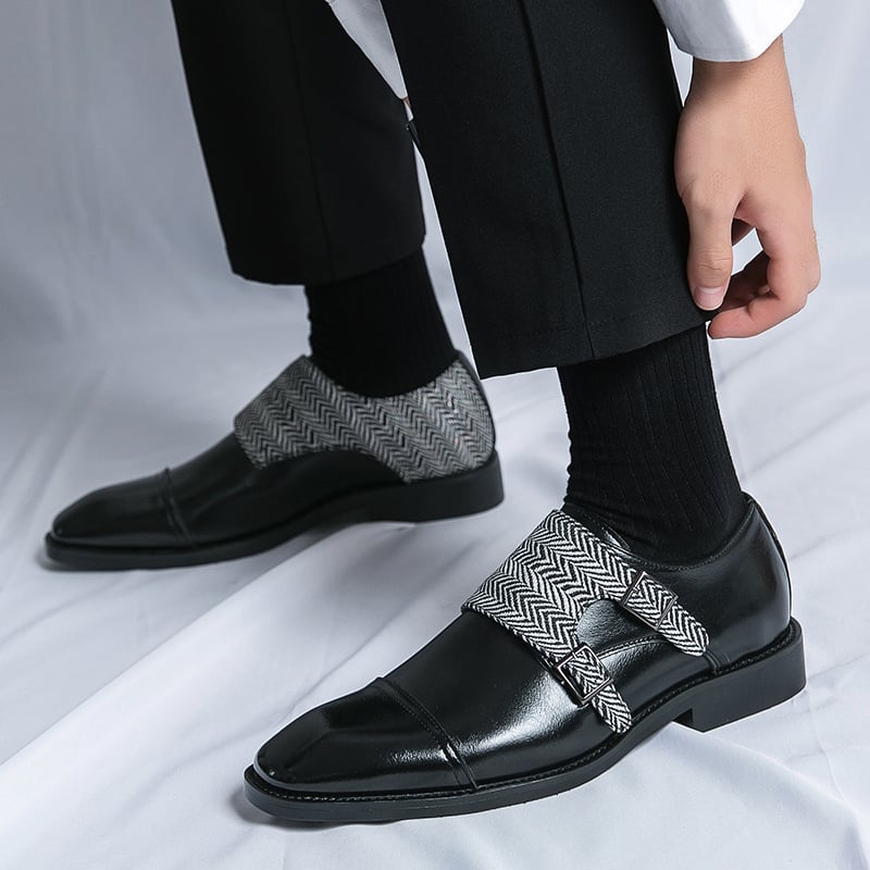 Men's Business Casual Checkered Patchwork Double Monk Imitation Faux Leather Shoes
