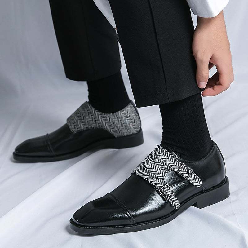 Men's Business Casual Checkered Patchwork Double Monk Imitation Faux Leather Shoes
