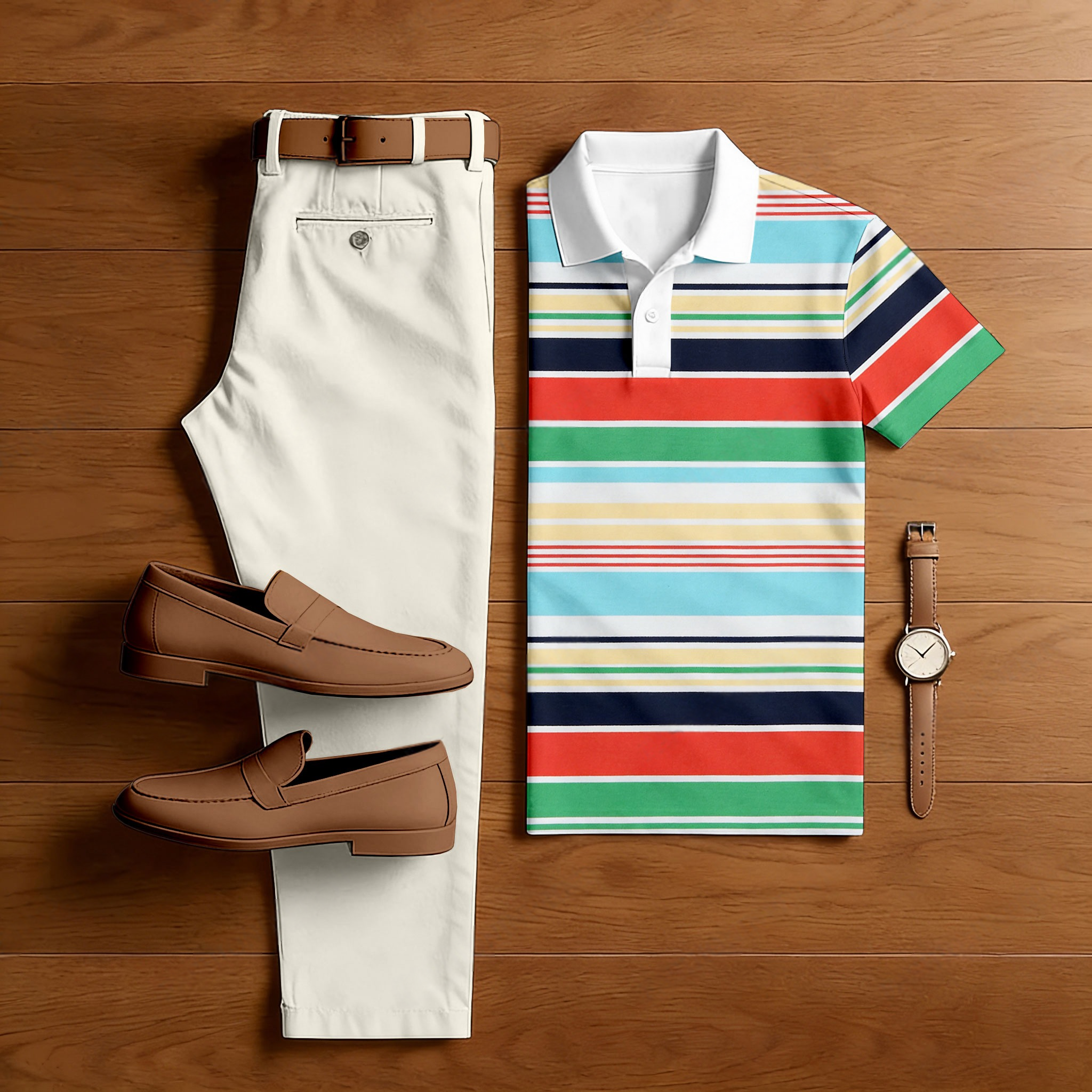 Men's Casual Apricot & Multi Color Matching Striped Printed Short Sleeved Polo Shirt & Trousers Two-Piece Set