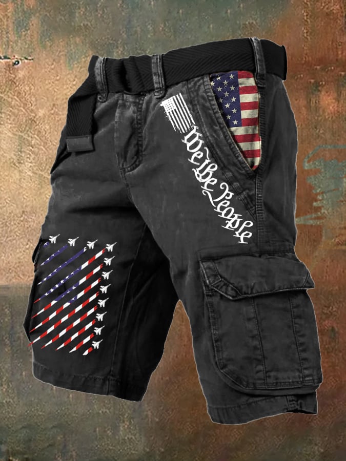 Men'S Retro Flag Multi-Pocket Printed Shorts