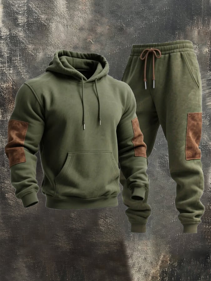 Men's Retro Stitching Contrast Color Hooded Casual Sweatshirt Suit