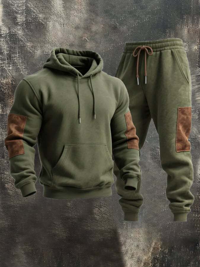 Men's Retro Stitching Contrast Color Hooded Casual Sweatshirt Suit