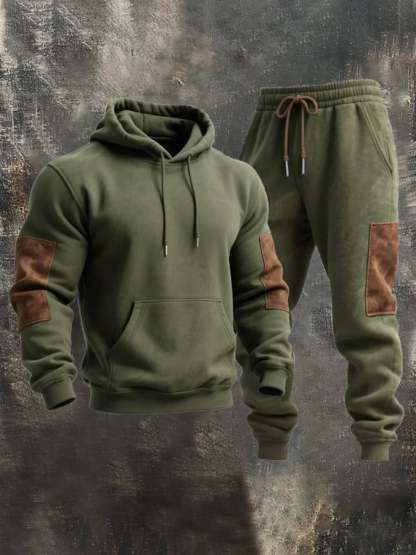 Men's Retro Stitching Contrast Color Hooded Casual Sweatshirt Suit