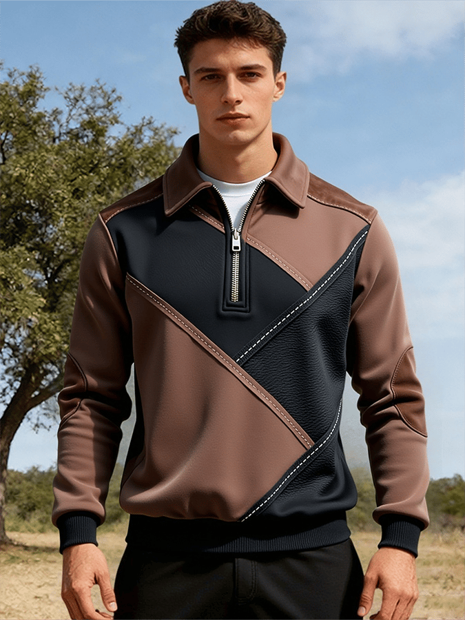 Men's Retro Color Block Print Color-Blocked Zip-Up Sweatshirt