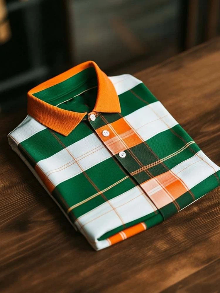 Men's Business Casual Orange Green Plaid Logo Button Short Sleeve Polo