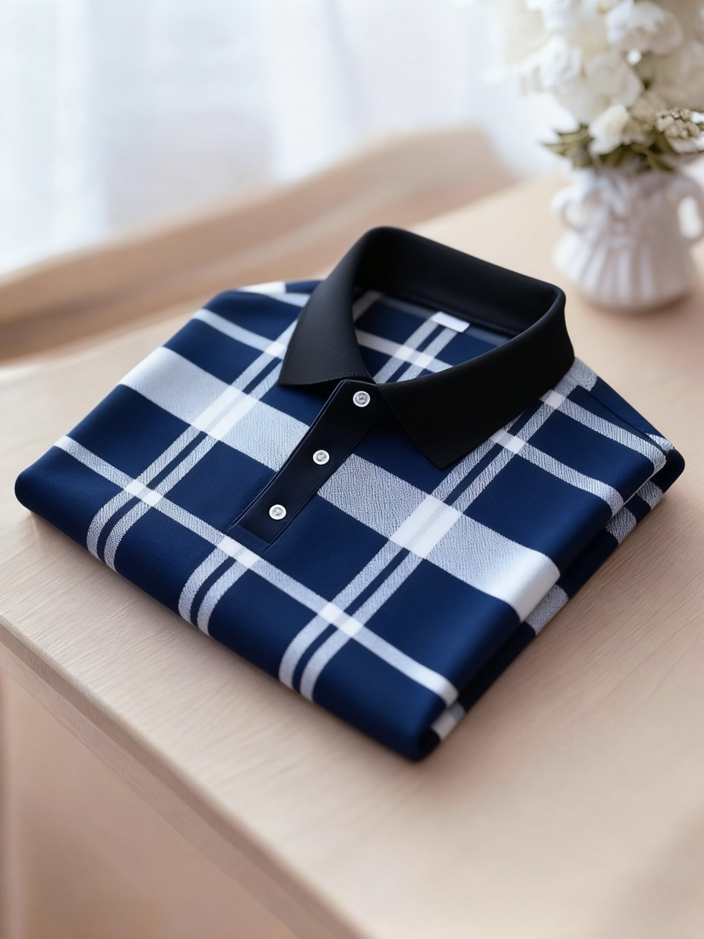 Men's Business Casual Black and Yellow Plaid Logo Button Short Sleeve Polo Shirt