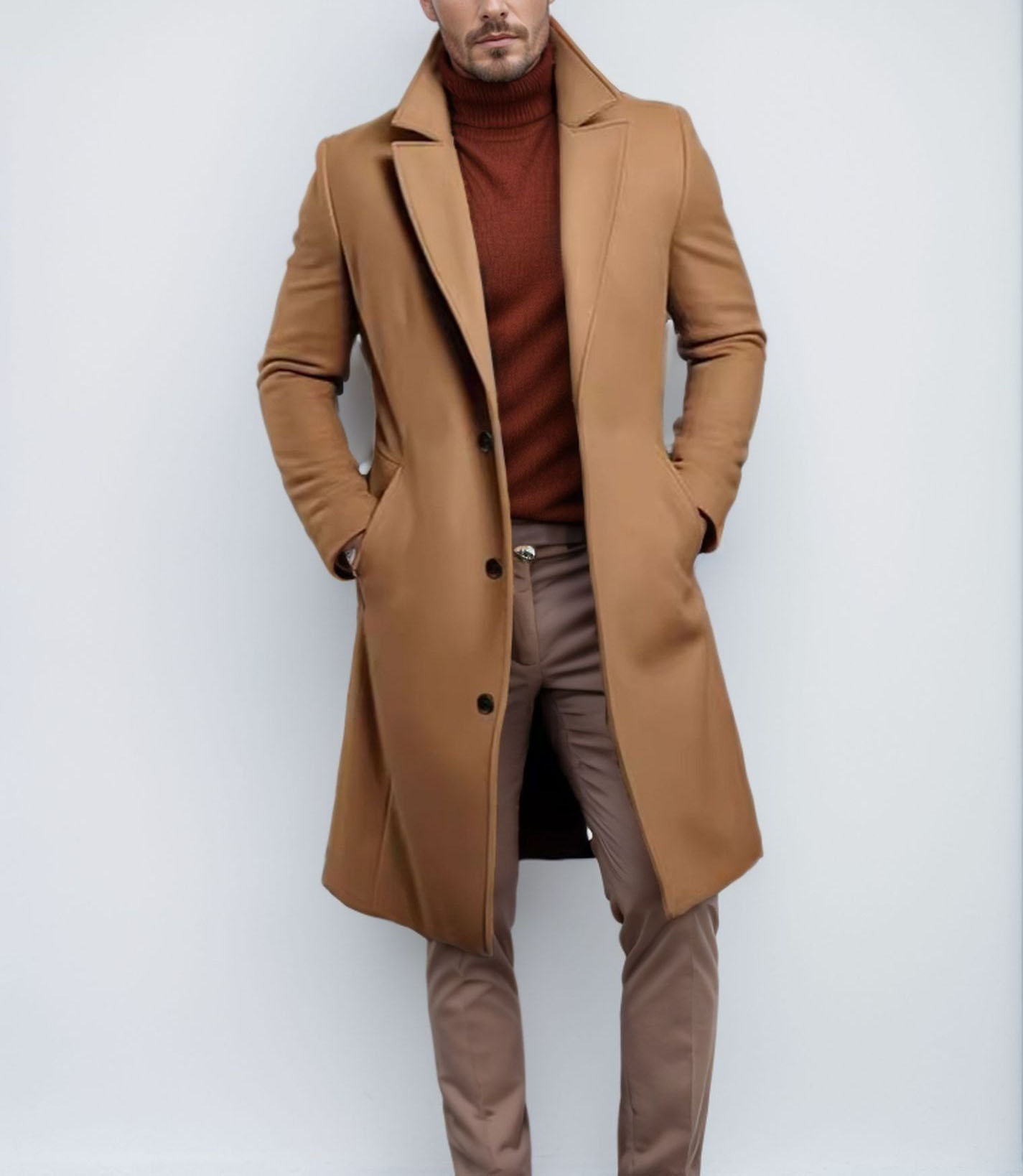 Men's slim-fit long trench coat