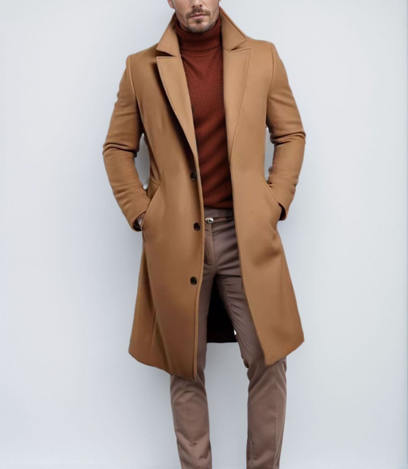 Men's slim-fit long trench coat