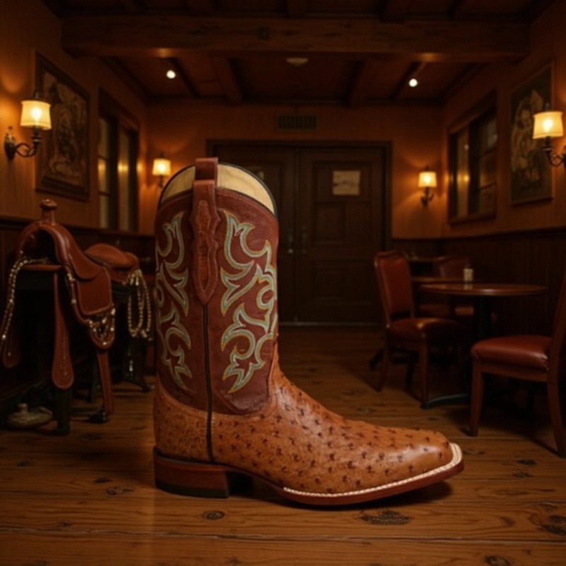 Men's Vintage Western Embroidered Ostrich Pattern Boots
