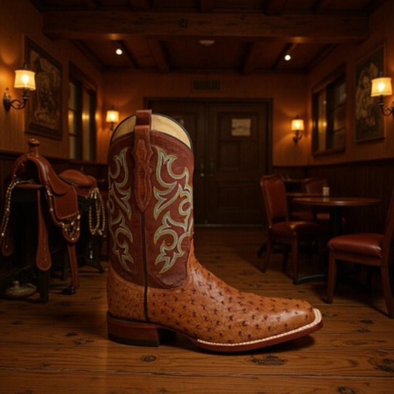 Men's Vintage Western Embroidered Ostrich Pattern Boots