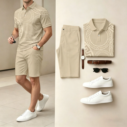 Men's Casual Geometric Color Polo Shirt & Shorts Two-Piece Set