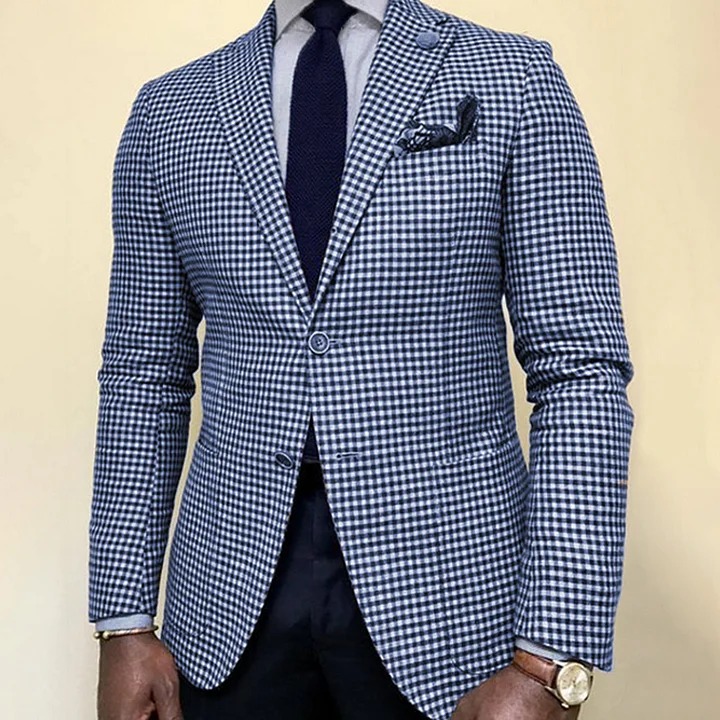 Business Casual Notch Lapel Chest Pocket Single Breasted Plaid