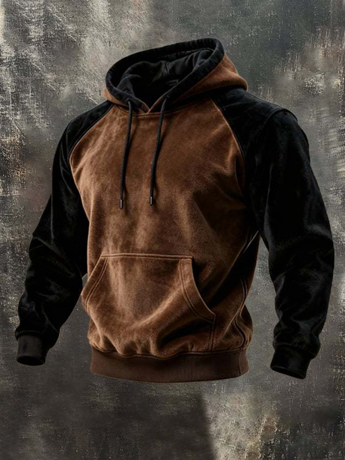 Men's Retro Stitching Contrast Color Hooded Casual Sweatshirt Suit