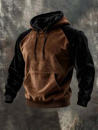 Men's Retro Stitching Contrast Color Hooded Casual Sweatshirt Suit