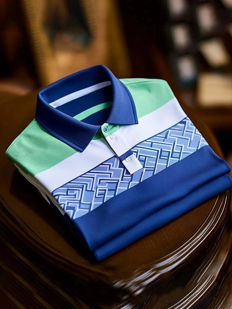 Men's Classic Business Check Logo Button Short Sleeve Polo Shirt