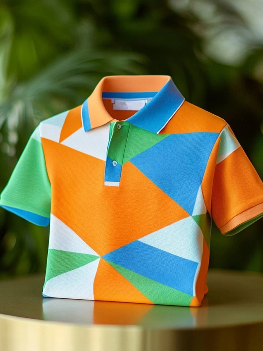 Men's Classic Business Geometric Colorblock Logo Button Short Sleeve Polo Shirt