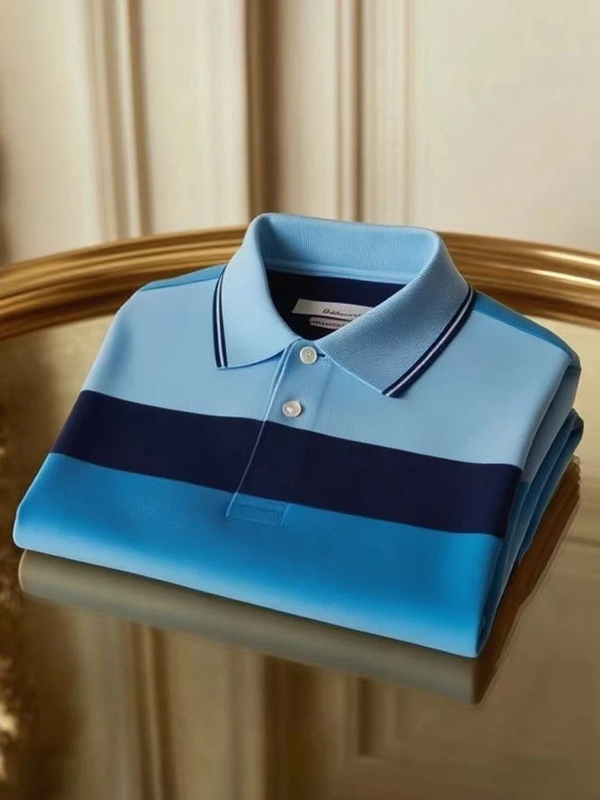 Men's Business Casual Color Block Stripe Logo Button Short Sleeve Polo