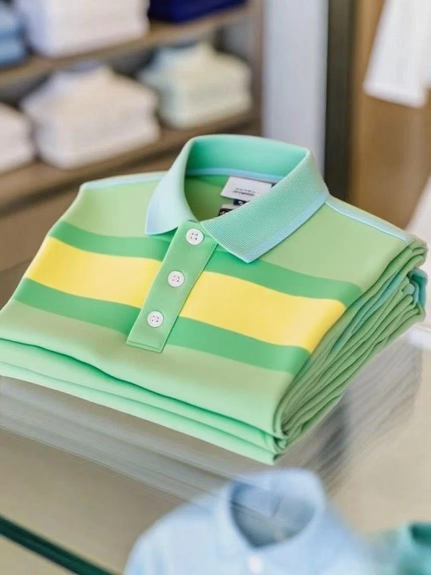 Men's Business Casual Color Block Stripe Logo Button Short Sleeve Polo Shirt