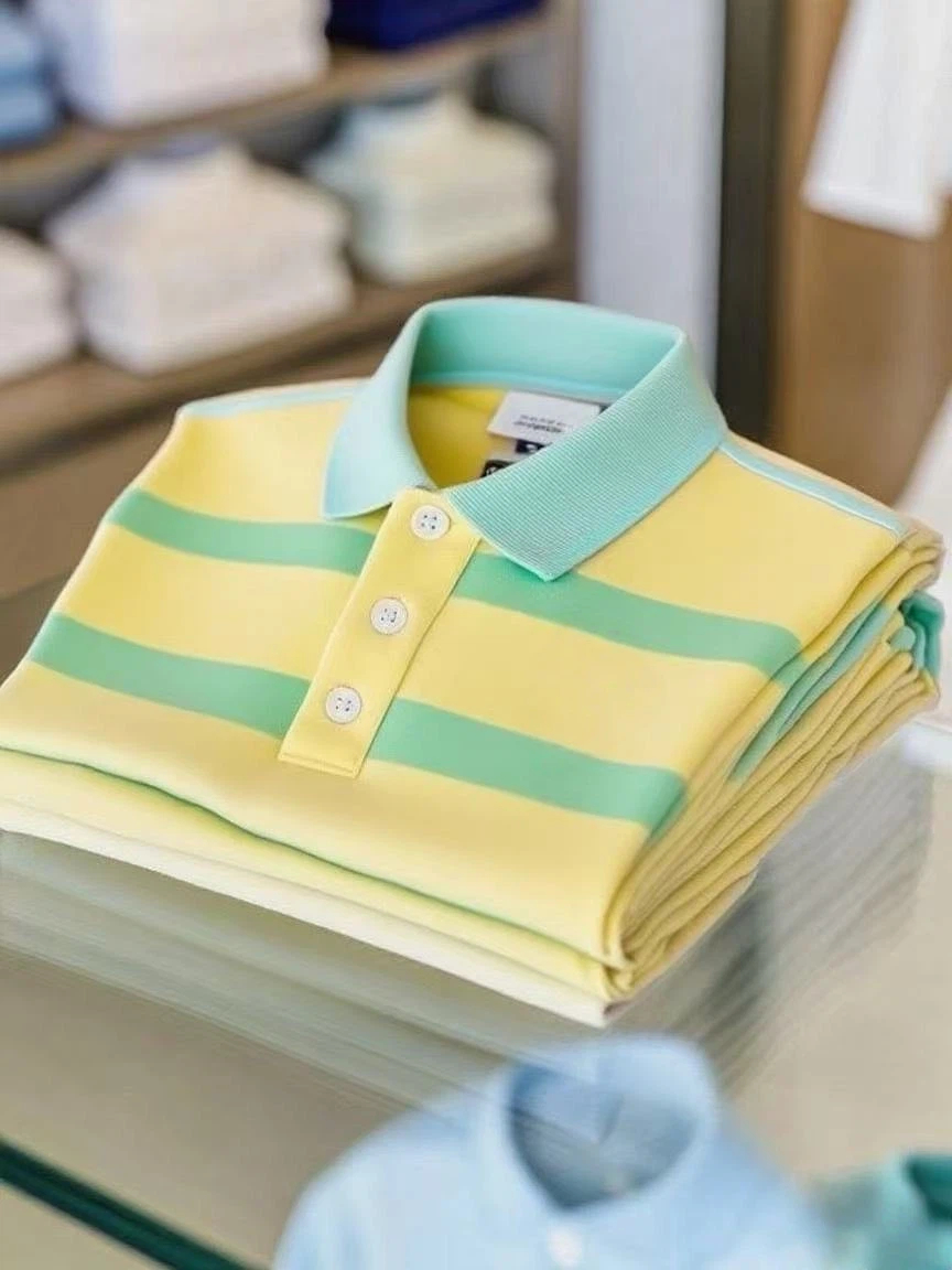 Men's Business Casual Color Block Stripe Logo Button Short Sleeve Polo Shirt