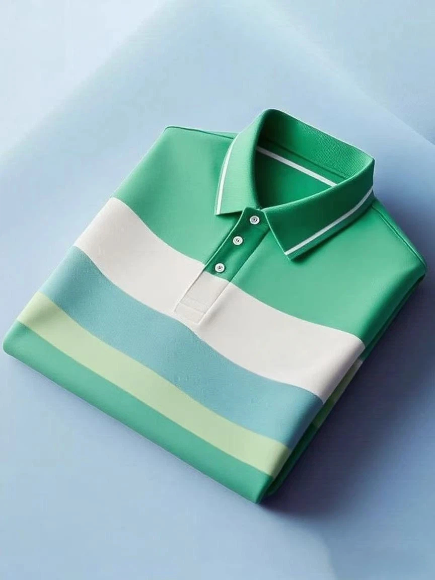 Men's Business Casual Color Block Stripe Logo Button Short Sleeve Polo