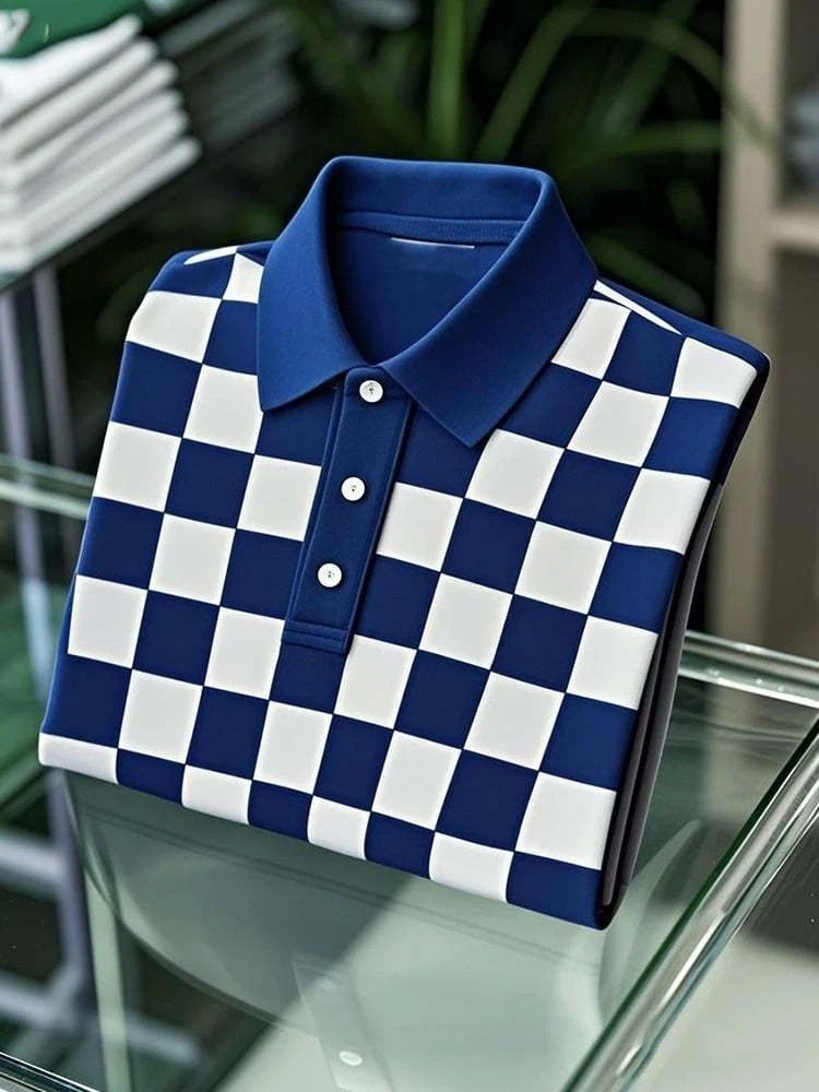 Men's Business Casual Checkerboard Logo Button Short Sleeve Polo Shirt