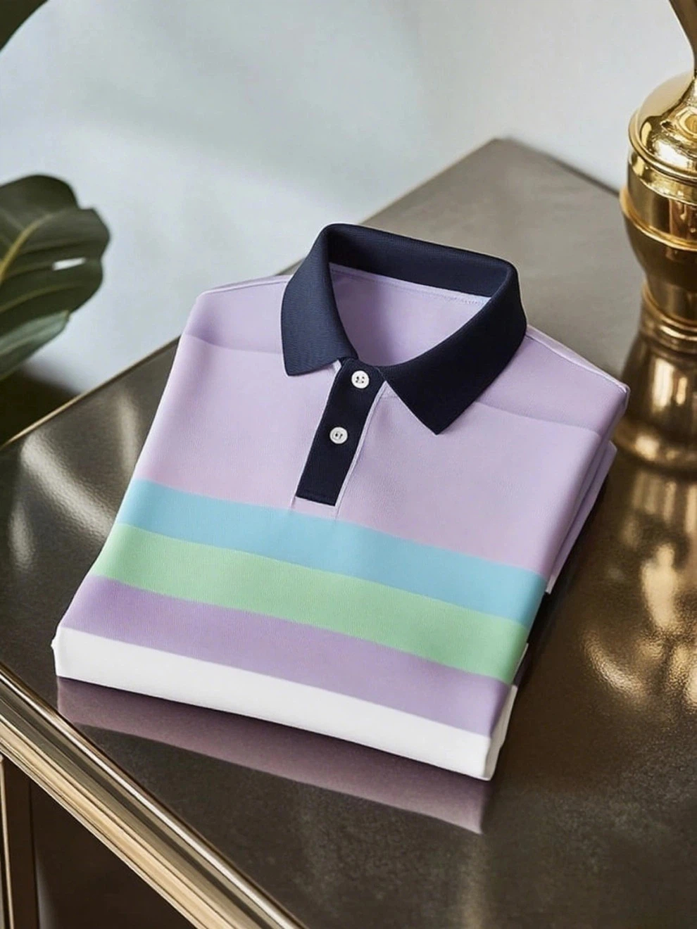 Men's Business Casual Color Block Stripe Logo Button Short Sleeve Polo Shirt