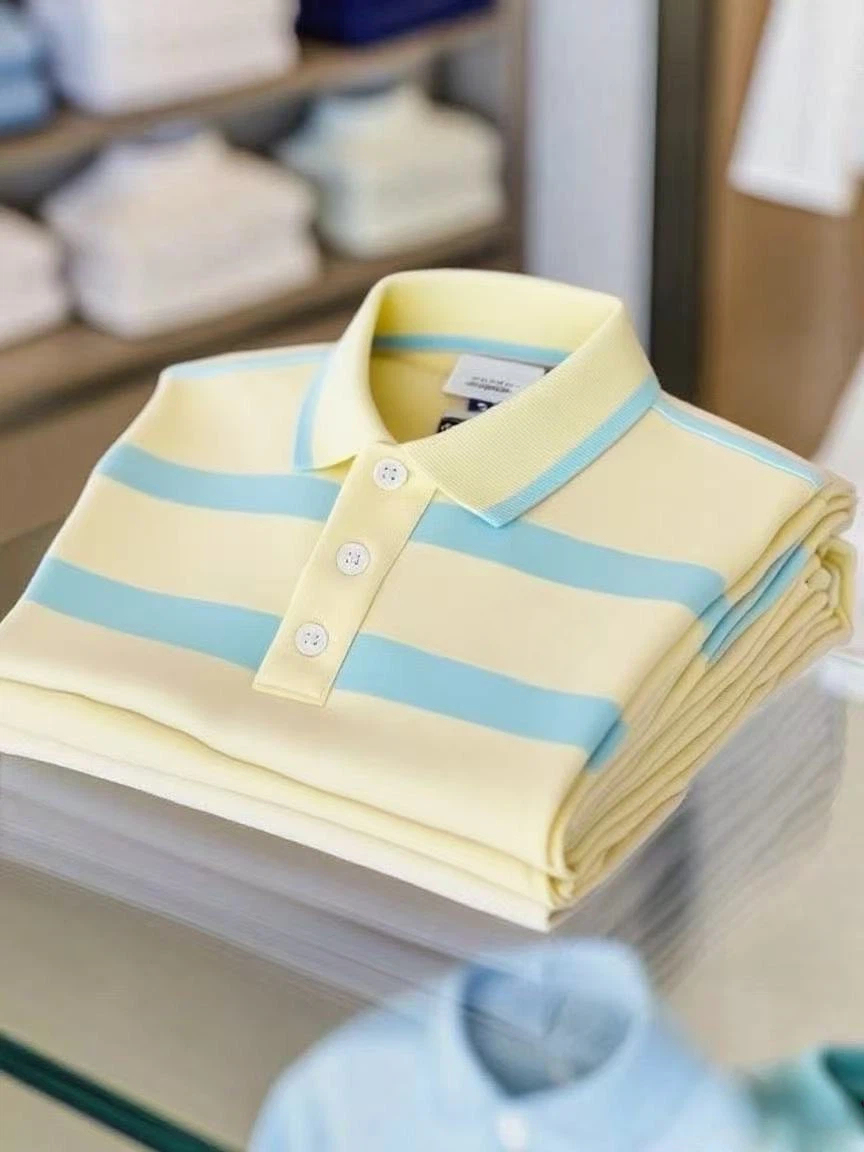 Men's Business Casual Color Block Stripe Logo Button Short Sleeve Polo