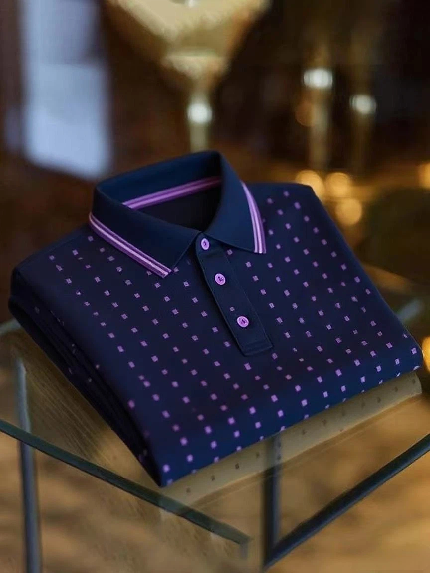 Men's Business Casual Color Block Stripe Logo Button Short Sleeve Polo Shirt